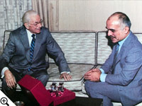 Herbert W. Armstrong presents a gift of Steuben crystal to King Hussein of Jordan, a lifetime friend.